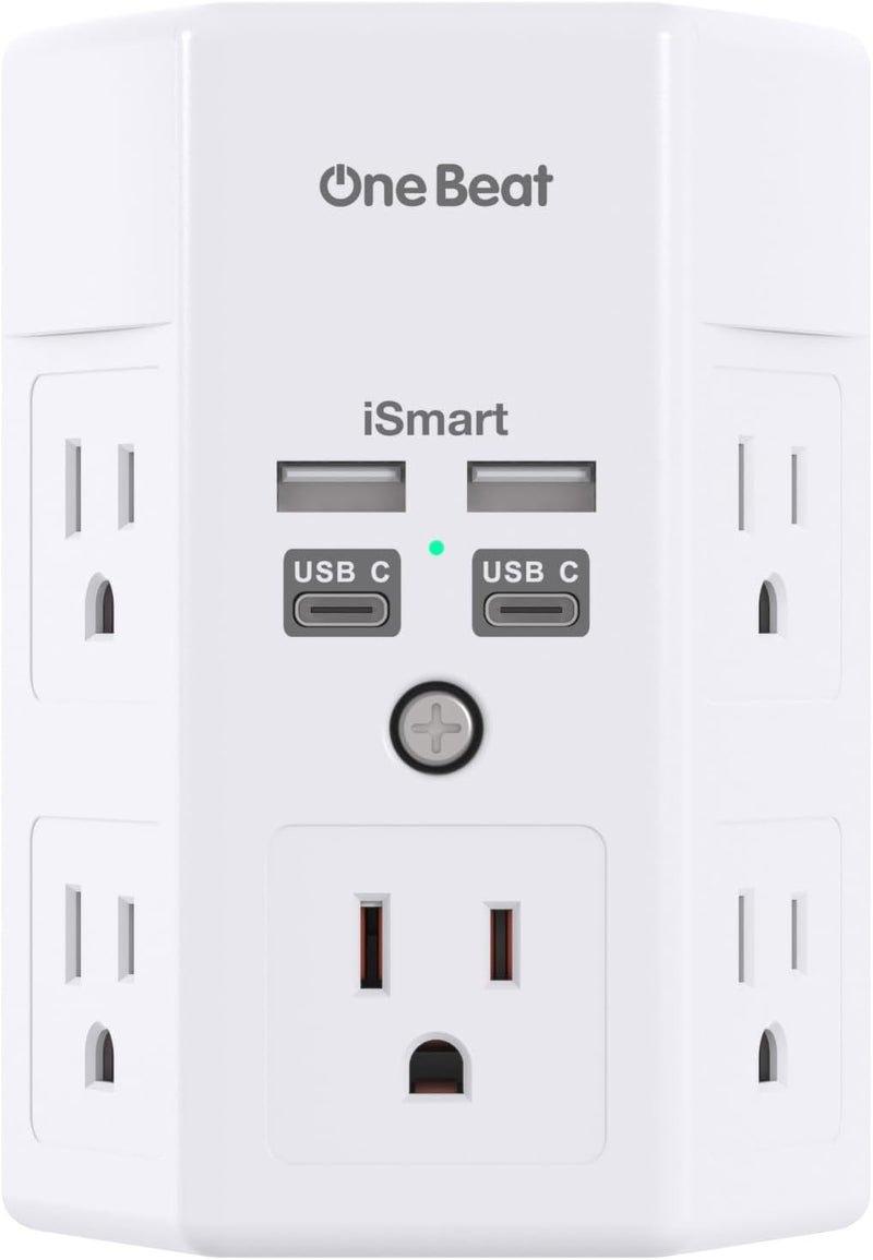 One Beat 1680J 3 Side Power Strip Multi Plug Expander, Surge Protector, 5 Outlets Extender, 4 USB Ports (USB C), Wall Mount Charger, Outlet Splitter Adapter for Home, Travel, Office, ETL Listed, White - Image 1
